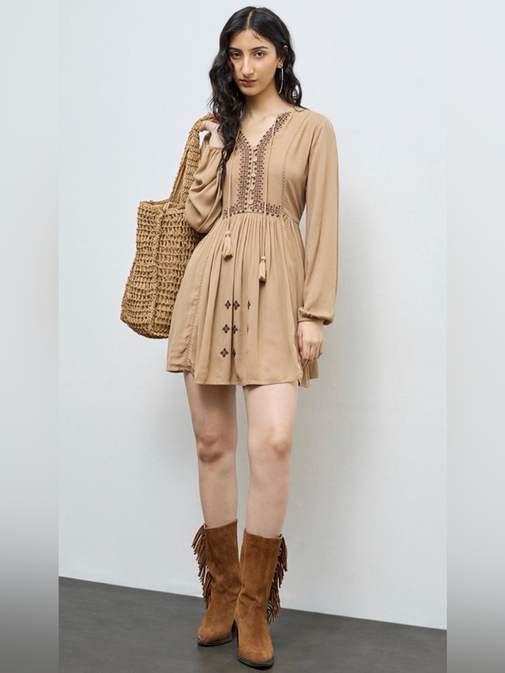 NWT [Bombay Paisley] Boho Embroidered Tassel A-Line Dress in Brown Women’s XL - Picture 2 of 13
